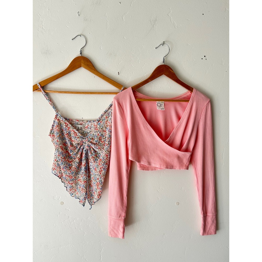 Two‎ Pack American Eagle Floral Cami & OFFLINE Pink Ribbed Crop Top Size Small